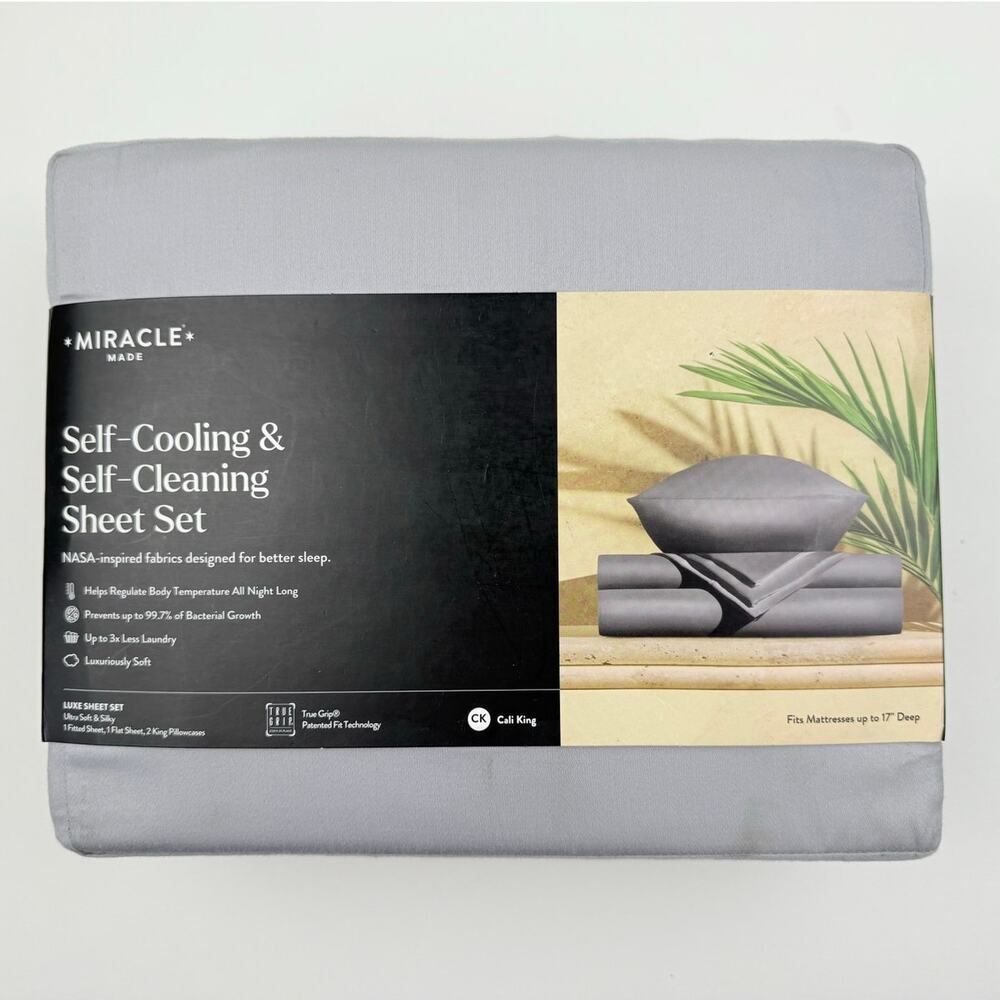 Miracle Made CAL KING Sheet Set SILVER GRAY Luxe Sateen Self-Cooling Cleaning
